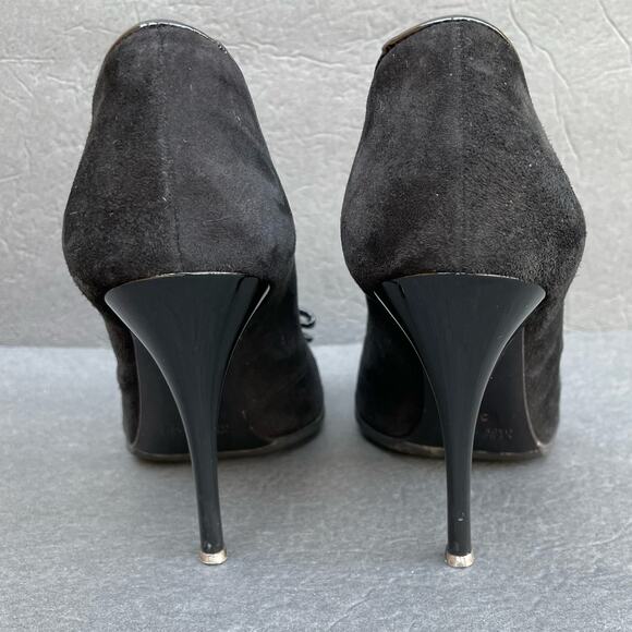 Vintage Icone Black Suede Heels 38.5/US 7.5 Italy Patent Bow 90s - Picture 7 of 10